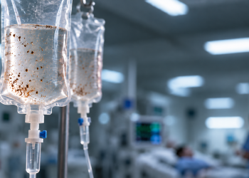 Close-up of intravenous (IV) bags hanging in a hospital ward, with a blurred patient care scene in the background.