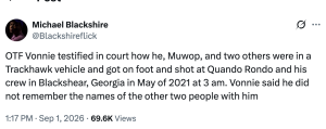 Tweet by Michael Blackshire (@Blackshireflick) claiming OTF Vonnie testified in court about a Trackhawk vehicle incident linked to a shooting in Blackshear, Georgia, May 2021, and that Vonnie didn’t recall the other two names.