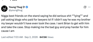 Tweet by Young Thug (@youngthug) containing a long message with profanity about a case and urging readers not to condemn him.