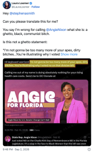 Screenshot of Laura Loomer's Twitter post asking for translation and mentioning Angie Nixon, with a campaign image showing 'Angie for Florida' featuring a woman in a pink blazer.