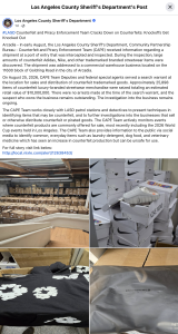 Collage showing counterfeit goods seized: warehouse with stacked boxes, Nike shoeboxes with a white sneaker, cardboard boxes, and a gray Essentials bag.