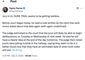 Tweet by Taylor Parise about a restless jury in the Lil Durk trial; mentions clerk's note on trial date and jurors outside in hallways.