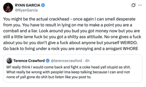 Screen capture of a Twitter post by Ryan Garcia insulting Terence Crawford with profanity, replying to a tweet from Terence Crawford beneath it.
