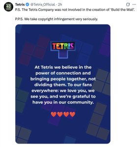Tetris message card on a blue background stating belief in connection and unity, with the Tetris logo and red heart emojis.