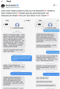 Social post by Boosie BadAzz with two screenshot messages about Trump and Venezuelan crisis (text-heavy screenshots).