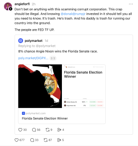 Instagram post by @angieforfl: text criticizing Trump and mentioning 'The people are FED TF UP.' with an embedded Polymarket card about the Florida Senate Election Winner showing an Florida map graphic and the odds (Angie Nixon at 8%).