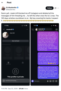 Left image: screenshot of a private profile screen (Meek Mill) with a lock icon and the message 'This profile is private' and a 'User not found' banner beside the avatar. Right image: screenshot of a direct message thread with long, hostile purple text bubbles containing threats and insults.