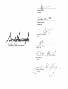 - Baller Alert Page showing a signed document: a large Trump signature on the left with his title, and a column of signatures with names and company affiliations on the right (Pichai, Amodei, Zuckerberg, Brockman, Musk, Huang).