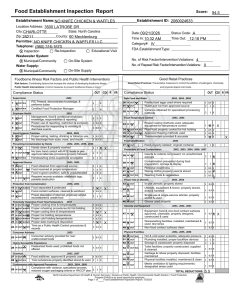 Form titled 'Food Establishment Inspection Report' displaying establishment name, address, date, and risk-factor sections for a health inspection.