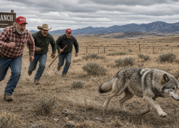Mexican gray wolf standing in scrubland in the Southwest where the species was reintroduced