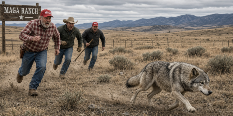 Mexican gray wolf standing in scrubland in the Southwest where the species was reintroduced