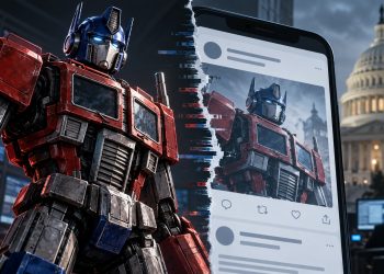 Optimus Prime figure standing beside a giant smartphone, with a torn-screen edge revealing his image on the device in a city square.