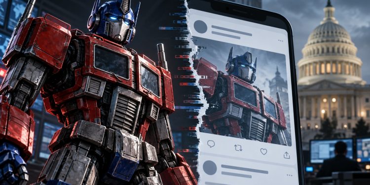 Optimus Prime figure standing beside a giant smartphone, with a torn-screen edge revealing his image on the device in a city square.