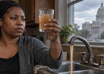 Jackson Mississippi resident pouring tap water after a federal court ruled clean drinking water is not a constitutional right