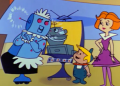 Retro futuristic illustration of a family with a robot maid and video screens in a floating home