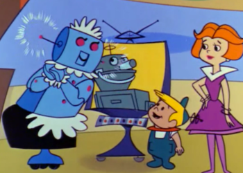 Retro futuristic illustration of a family with a robot maid and video screens in a floating home