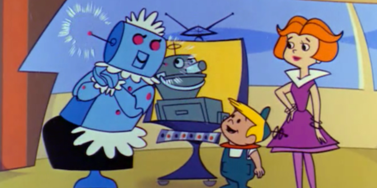 Retro futuristic illustration of a family with a robot maid and video screens in a floating home