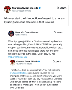 Collage of social media posts with profile pictures and usernames from Claressa Shields and Franchón Crews-Dezurn, showing quoted text messages