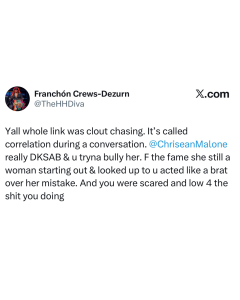 Tweet by Franchón Crews-Dezurn (@TheHH Diva) with profile image on left and X logo on right; text of the post partially visible about a correlation.