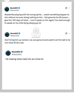 - Baller Alert Tweet collage from MeekMill criticizing Akademiks over a tragedy, with a Baller Alert watermark visible in the center.