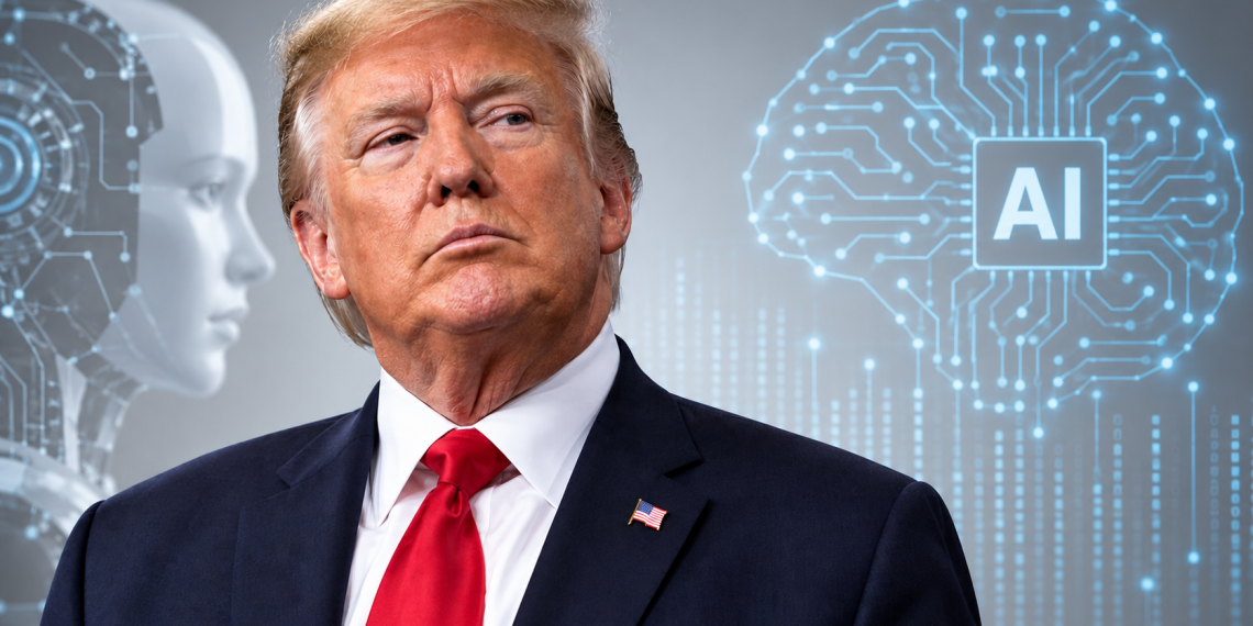Donald Trump pictured in front of an AI brain graphic after rejecting AI guardrails