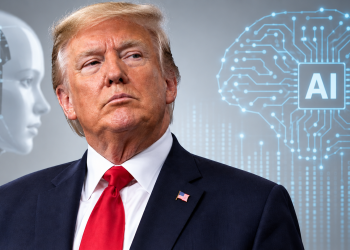 Donald Trump pictured in front of an AI brain graphic after rejecting AI guardrails