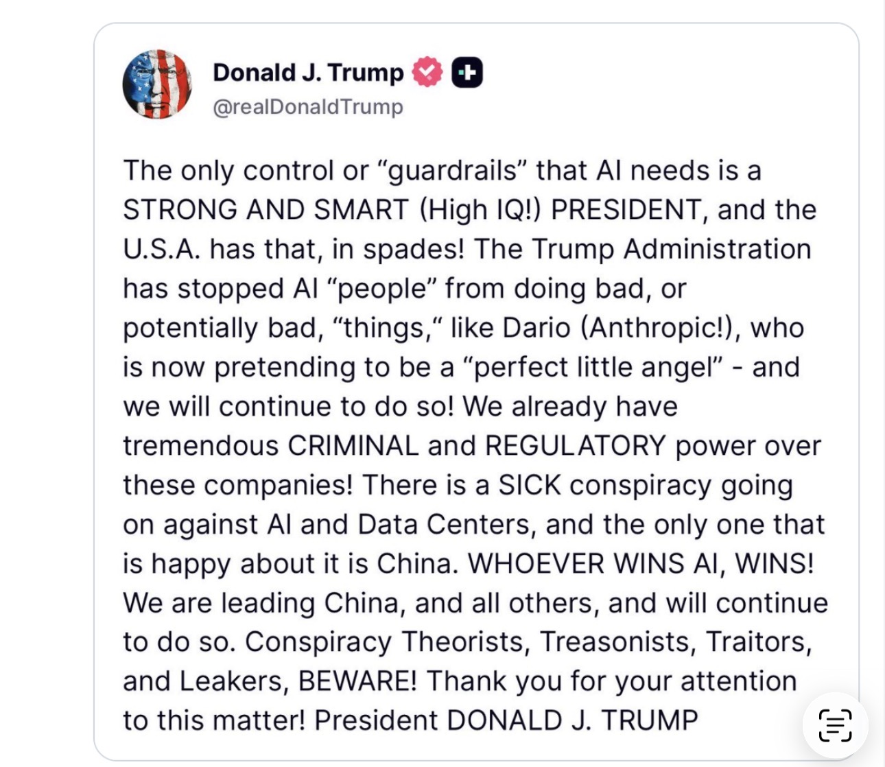 Trump Truth Social post rejecting AI guardrails and naming Anthropic CEO Dario Amodei
