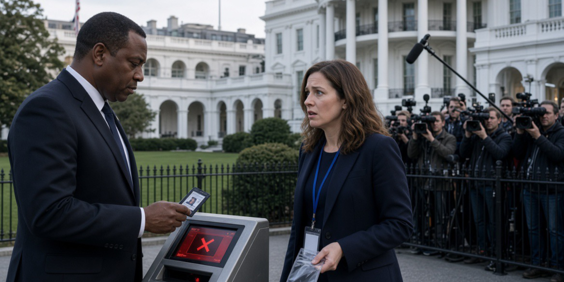 Reporters outside the gates after their White House badges were deactivated following the Trump ban
