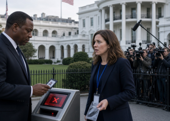 Reporters outside the gates after their White House badges were deactivated following the Trump ban