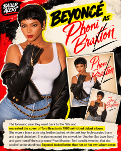 Promotional poster of Beyoncé as Phoni Braxton in a white tank top and black leather jacket, with bold yellow/black text reading 'Beyoncé as Phoni Braxton' and vintage photo collages in the background.