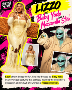 Lizzo dressed as Baby Yoda holding a melted mozzarella stick with bold pink text reading 'Lizzo as Baby Yoda and a Mozzarella Stick' in a vibrant collage background.