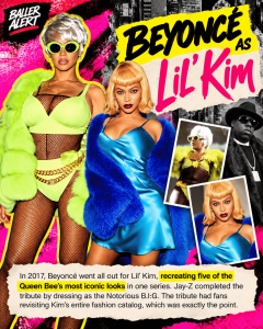 Collage poster announcing Beyoncé as Lil’ Kim in neon outfits, with inset photos and a caption about the 2017 Queen Bee tribute.
