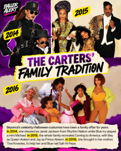 Poster titled The Carters' Family Tradition featuring family in bold 2014–2016 Halloween costumes, collage-style cover art.