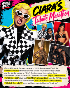 Promotional collage poster for Ciara's Tribute Marathon, featuring Ciara in a black-and-white checkered outfit with sunglasses and inset celebrity photos.