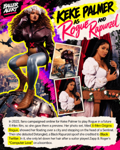 Movie poster introducing Keke Palmer as Rogue and Rapunzel, showing Palmer in a brown leather jacket and shiny blue leggings on a neon-splashed collage with a city skyline, two smaller photos, and bold title text.