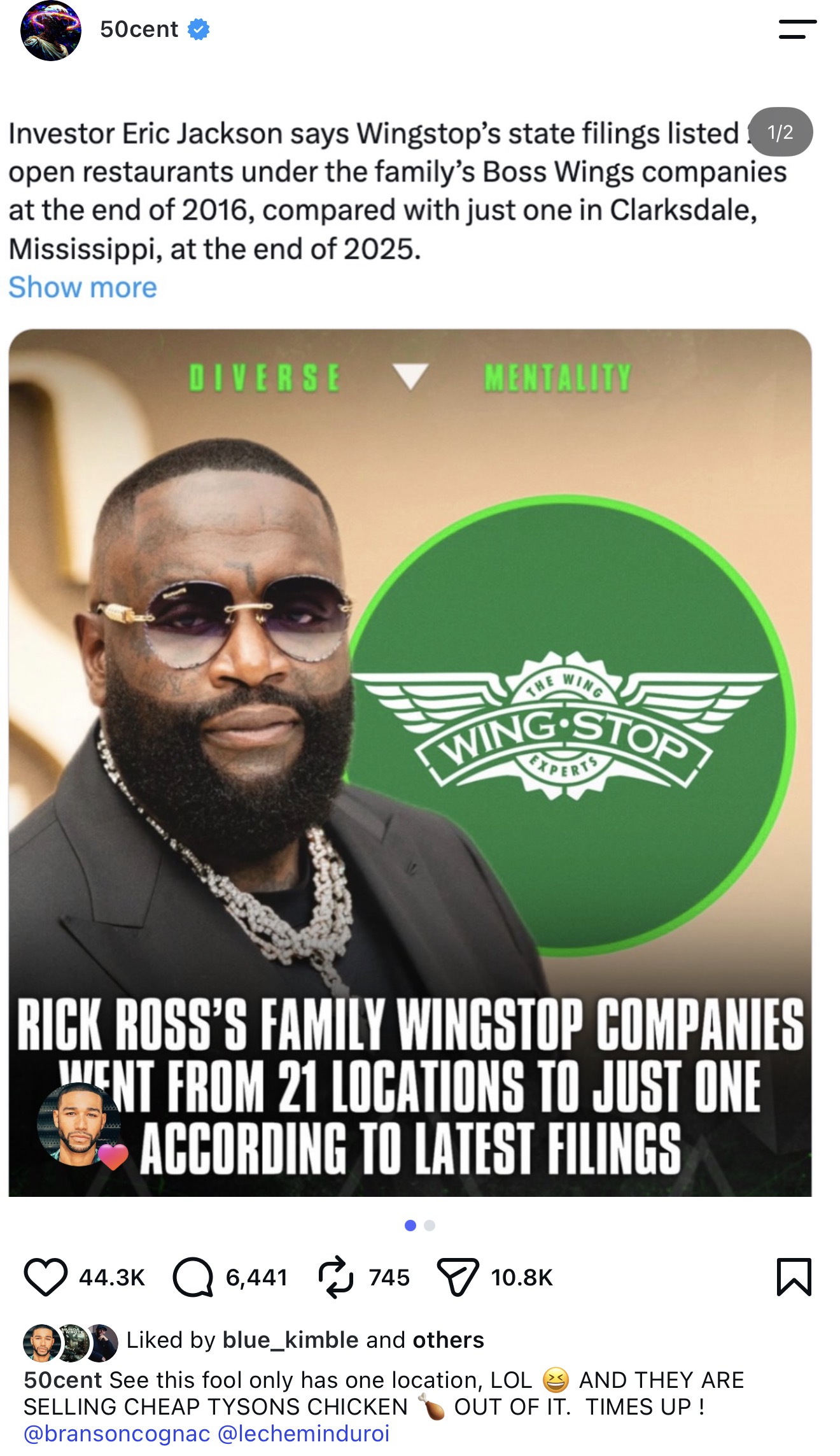 50 Cent post about Rick Ross's Wingstop locations