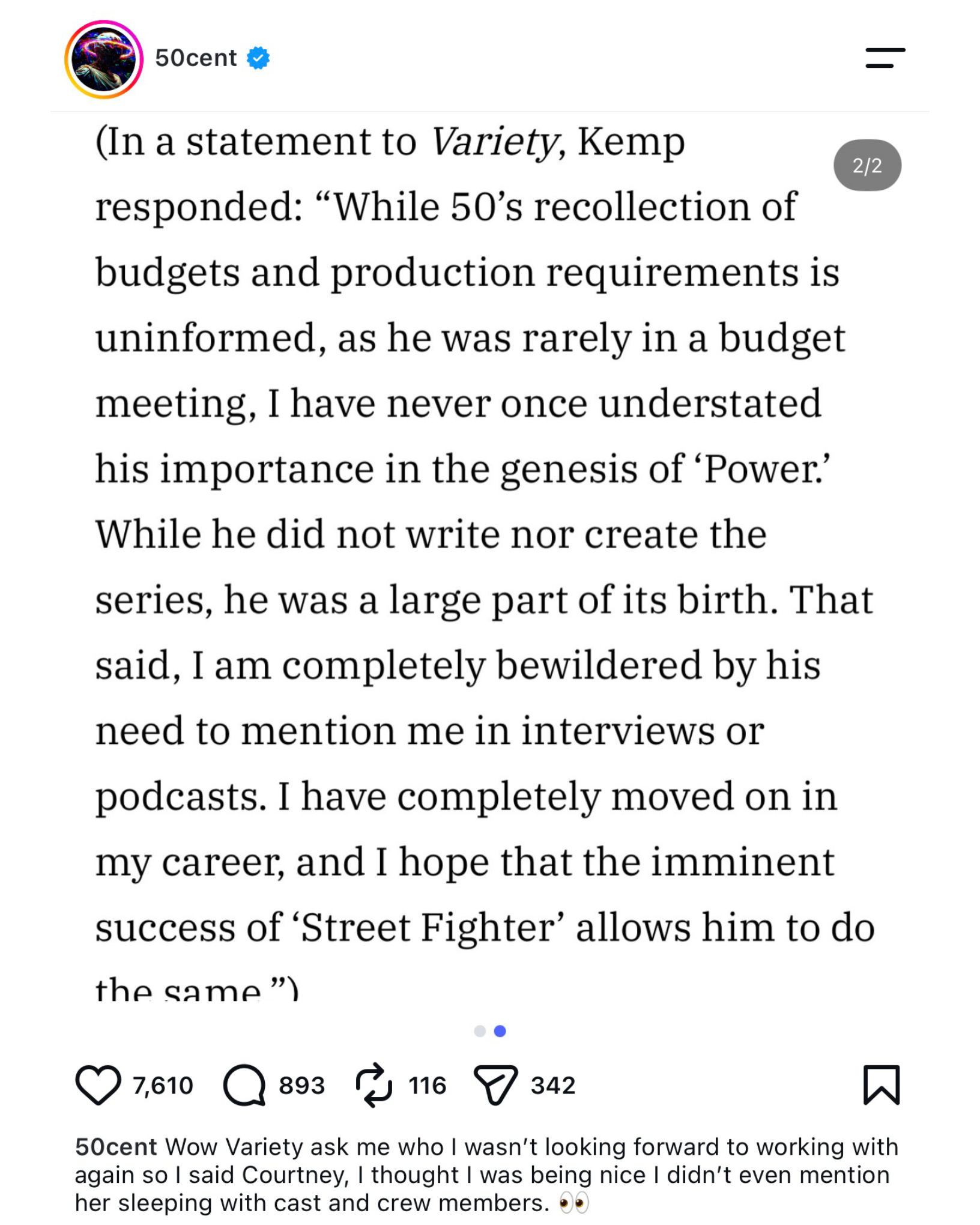 50 Cent Instagram post responding to Courtney Kemp
