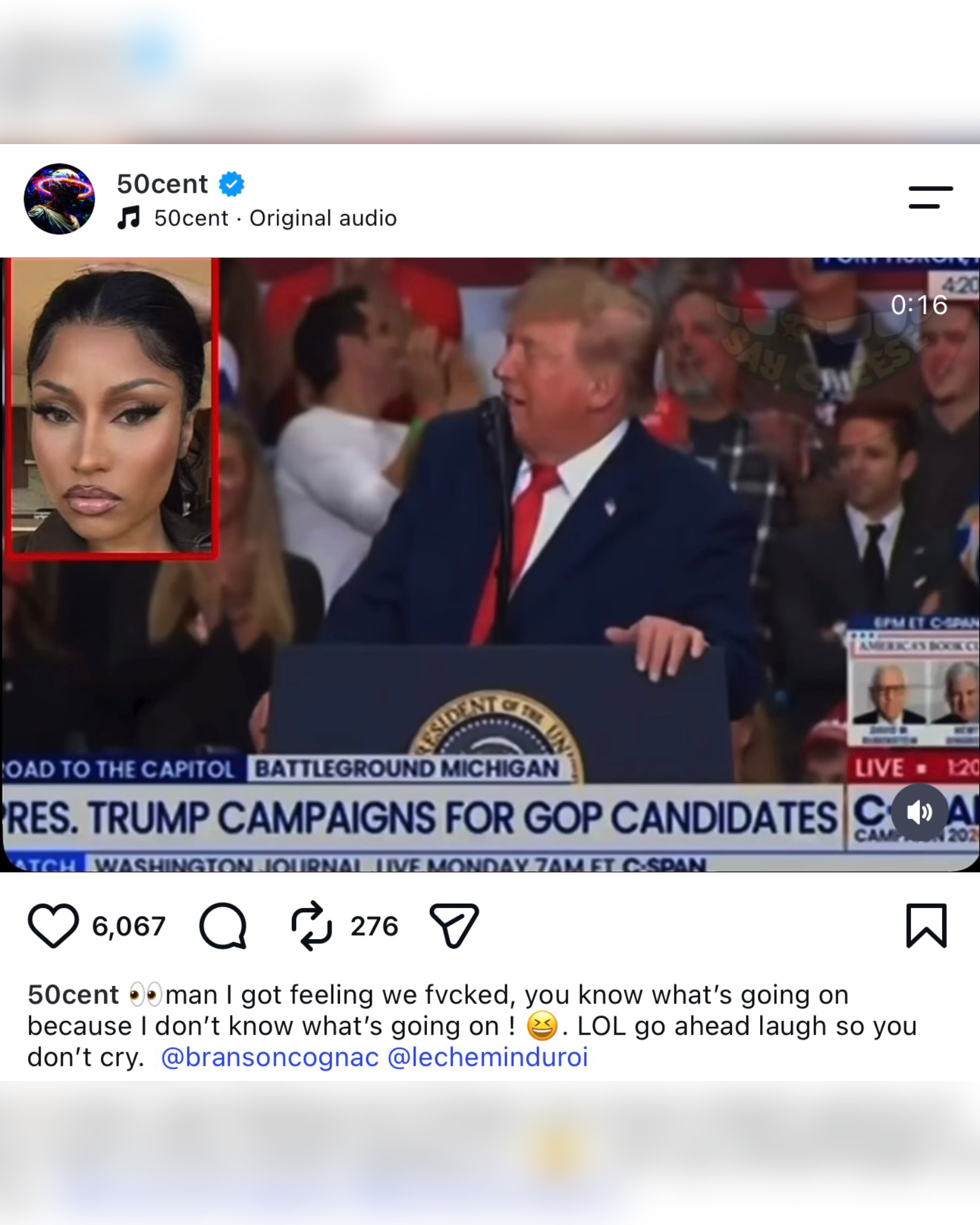 50 Cent Instagram post reacting to the Trump Nicki Minaj rally moment