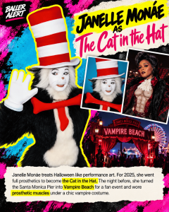 Vibrant collage poster featuring Janelle Monáe as The Cat in the Hat, a large Cat in a Hat costume, inset photos, a Vampire Beach sign, and highlighted text about Halloween performance.