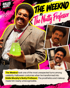 Promotional poster for The Weeknd as The Nutty Professor: Eddie Murphy in a tweed suit holding a green chemistry flask, with bright pink-yellow background and inset photos.