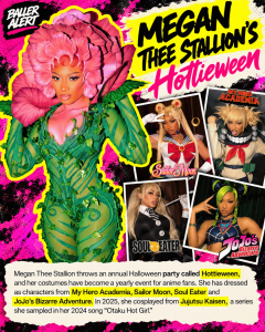 Promotional poster for Megan Thee Stallion's Hottieweek: neon colors, a green plant-themed outfit, pink flower headdress, and anime character collages.