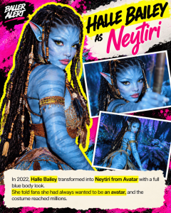 Colorful collage announcing Halle Bailey as Neytiri from Avatar, showing a blue-skinned, braided Neytiri with inset photos and bold graphics.