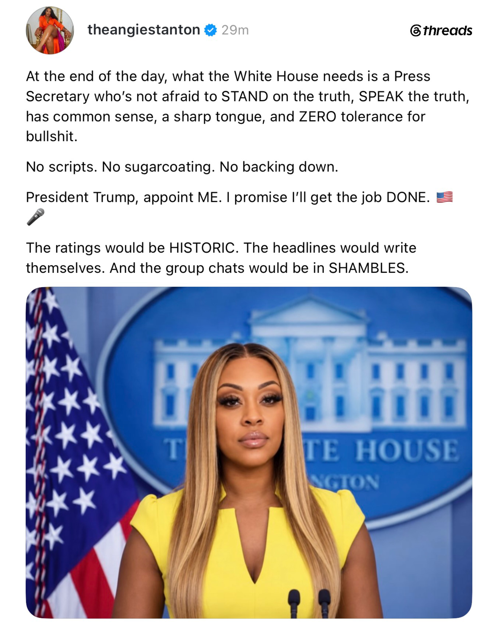 Angela Stanton King Threads post asking Trump to make her White House press secretary