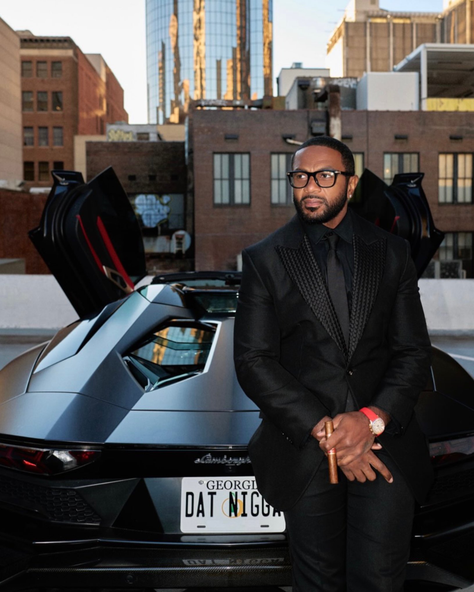 Ant Wilson's Georgia vanity plate on the back of his Lamborghini Aventador