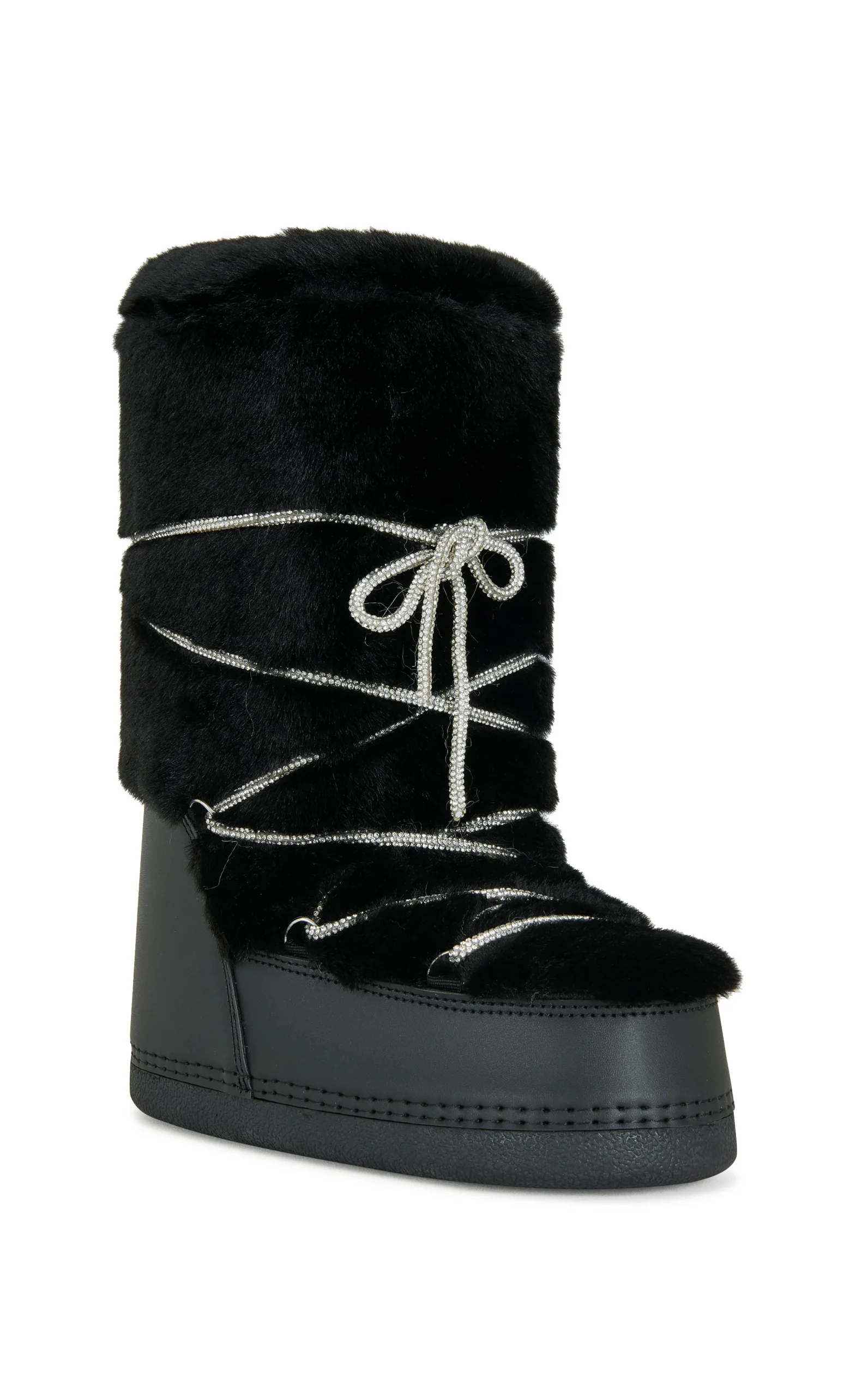 Azalea Wang Karmela black faux fur flatform snow bootie with rhinestone laces