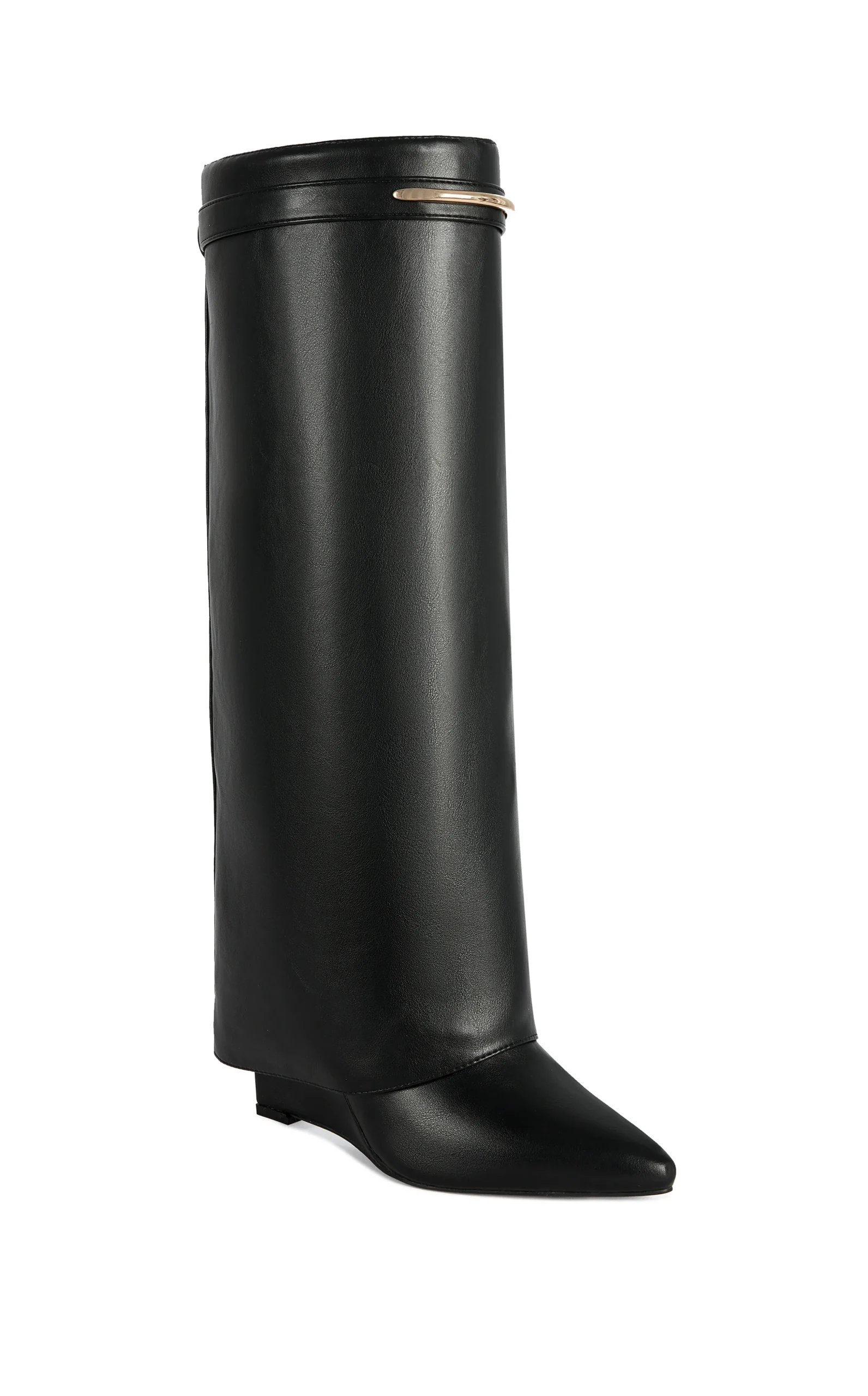 Azalea Wang Love Burn black wedge boot with fold over shaft and gold hardware