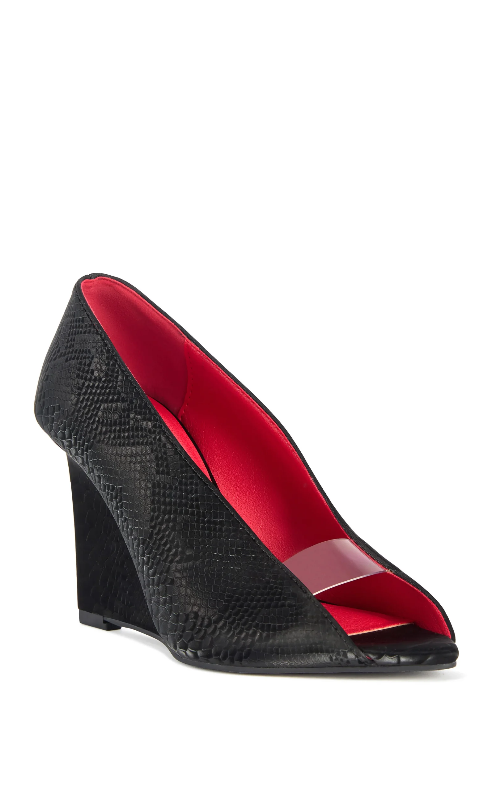 Azalea Wang Nicoleta black snake embossed peep toe wedge with clear strap and red lining