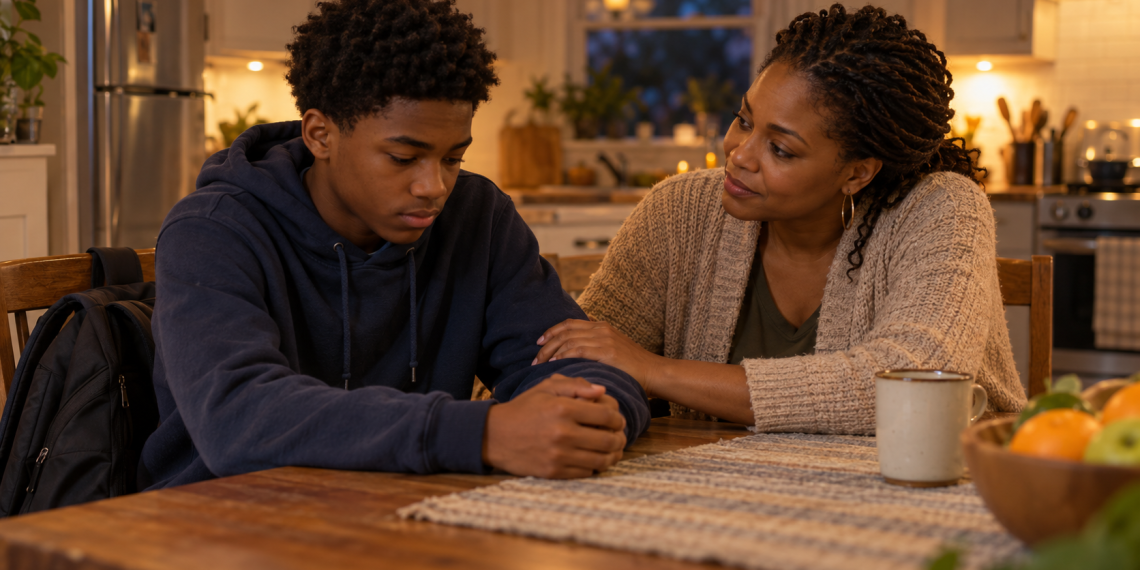 A mother comforts her teenage son at the kitchen table after he was bullied at school