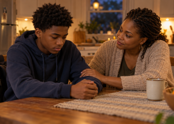 A mother comforts her teenage son at the kitchen table after he was bullied at school