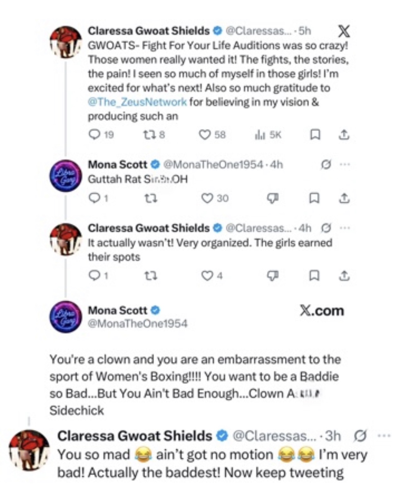 Claressa Shields X exchange with Mona Scott account
